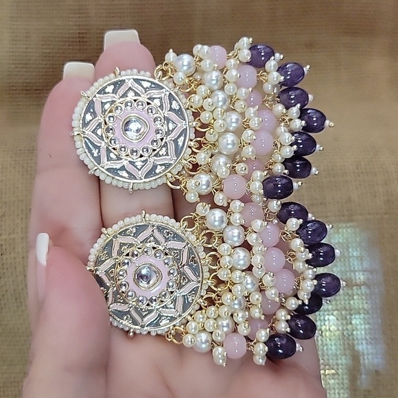 🔥LAST PAIR🔥 Bead Embellished Medallion Drop Statement  Earrings - Picture 6 of 11